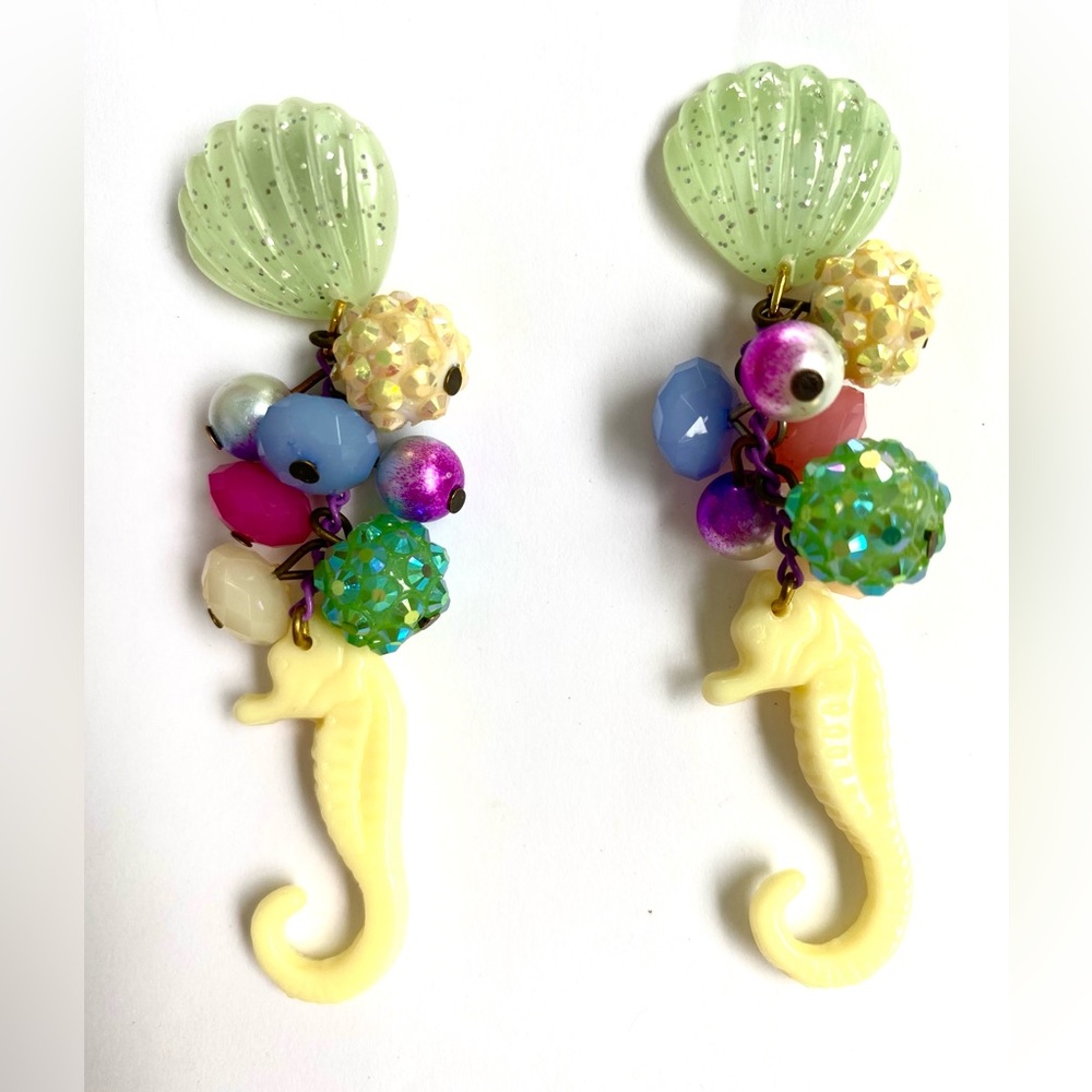 Starfish shell mermaid bling bead yellow seahorse ocean dangle earrings